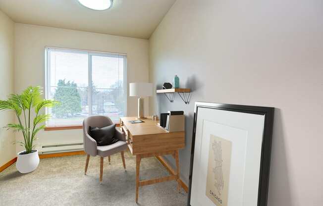 a desk with a chair and a lamp in a room with a large window