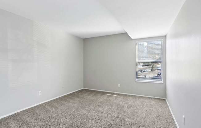 A room with a carpeted floor and a window with blinds.