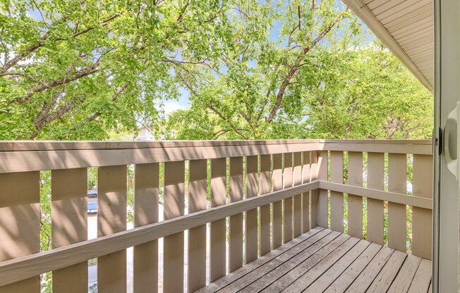 A wooden deck with a railing and trees in the background.