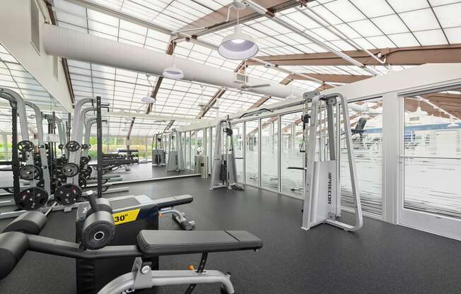 a gym with weights and other equipment and glass ceilings