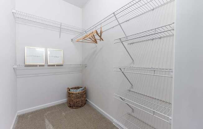 A room with a white wall and a wire shelving unit.