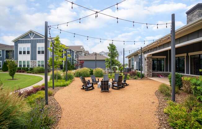 Outdoor Fire Pit Area with String Lights Above