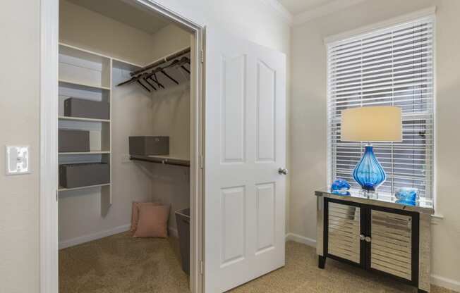 bedroom with window and walk-in closet with built-in shelving