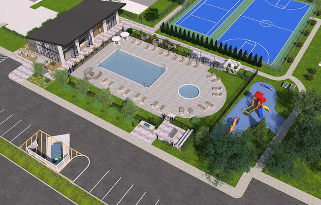 A rendering of a pool area with a basketball court and a tennis court.