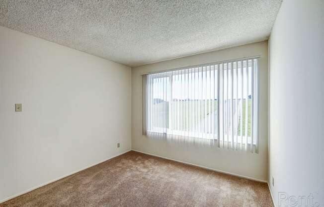 a bedroom with a large window and beige carpet at Terrace View Apartments, California