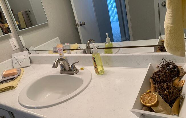 a counter with a sink and a mirror