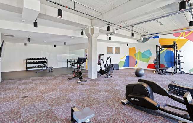 a gym with exercise equipment and paintings on the wall