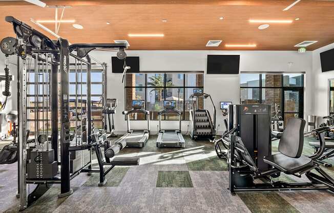 A gym with a variety of equipment including a treadmill, weights, and a bench press.