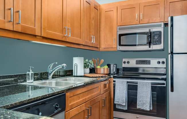 a kitchen with wood cabinets and stainless steel appliances at Columbus Plaza, Chicago, IL