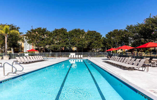 A large swimming pool with lounge chairs and umbrellas.