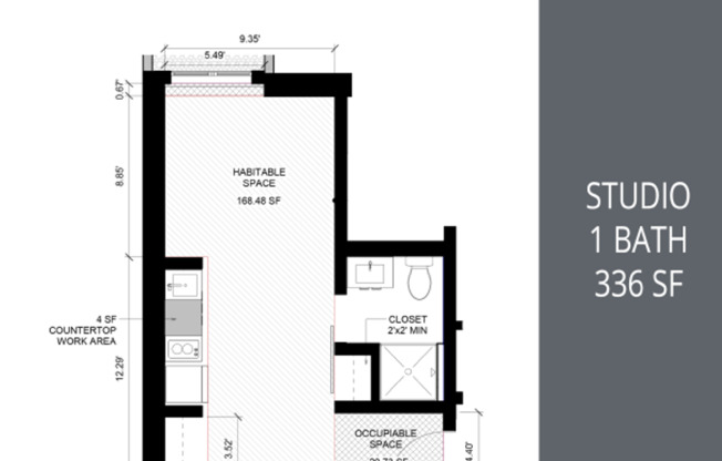 Studio, 1 bath, 336 sqft, $1,095, Unit B02