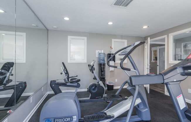 the gym with treadmills and ellipticals at the preserve at polk apartments