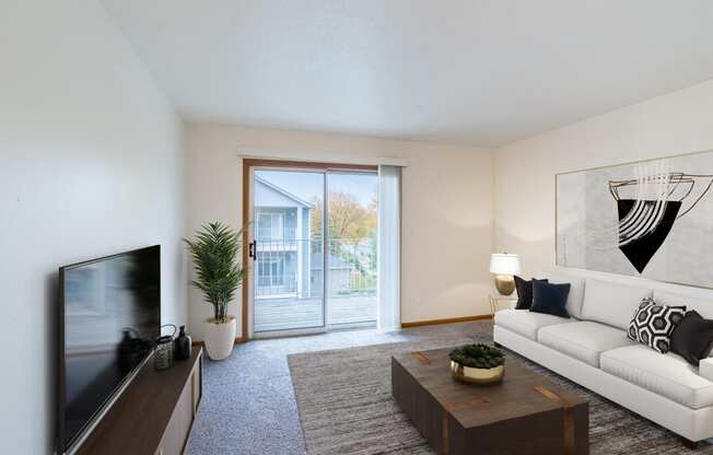 an open living room with a white couch and a tv and a sliding glass door. Fargo, ND Flagstone Apartments