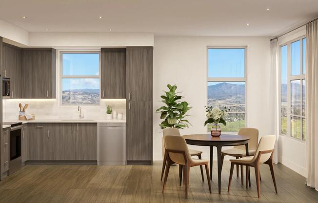Premium kitchen and dining space with warm wood cabinetry, quartz surfaces, and expansive windows framing hillside views and natural light.