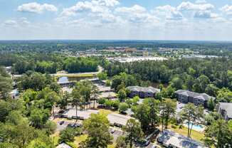 an aerial view of a park with buildings and trees