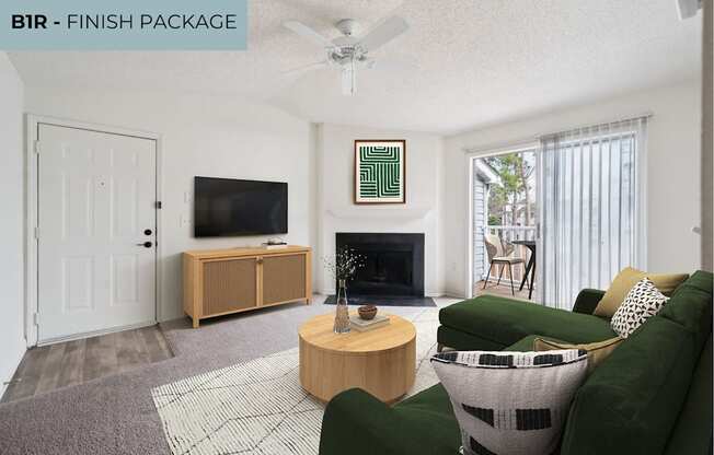 A living room with a green couch and a wooden coffee table.