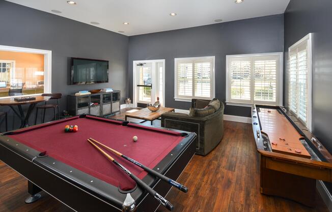Large clubhouse with pool table at Franklin Commons apartments for rent in in Bensalem, PA