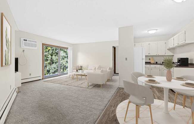 A modern living room with a dining table set up.