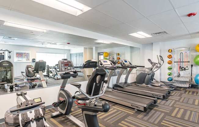 A gym with treadmills, exercise bikes, and other equipment.