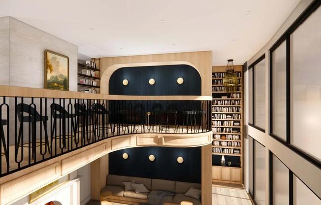Mezzanine with bar-style seating overlooking clubroom.