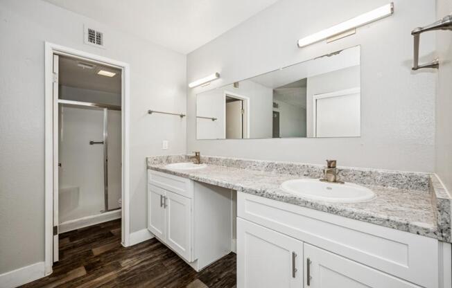 Model bathroom with a sink, mirror, and shower.