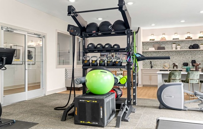 a home gym with a green ball in the middle
