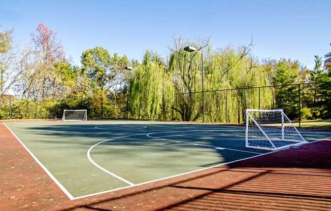 a tennis court with two nets and trees in the background