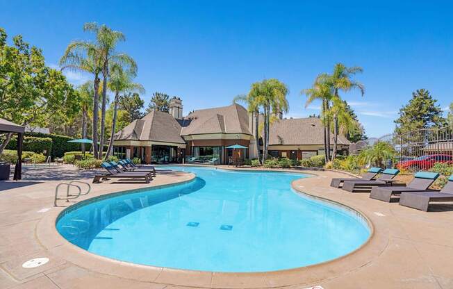 A large outdoor swimming pool surrounded by palm trees and lounge chairs.