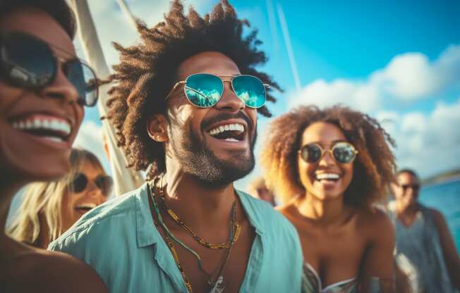 a group of people wearing sunglasses and laughing on a boat