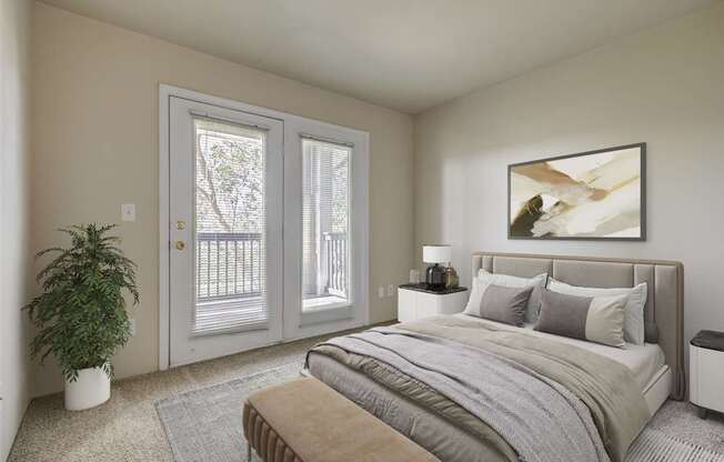 A bedroom with a bed, nightstand, and a plant.