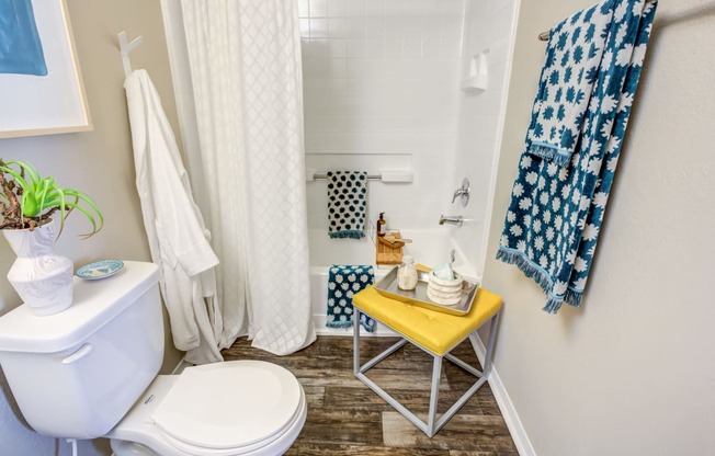 a bathroom with a white toilet and a shower with a blue and white shower curtain