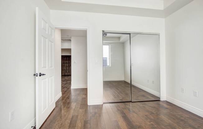 an empty living room with a mirrored closet door