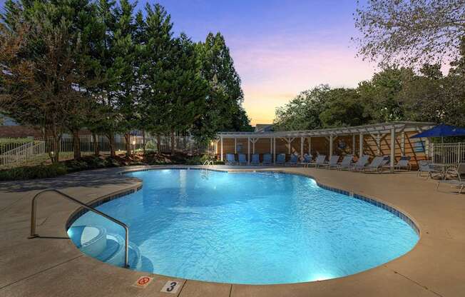 A large outdoor swimming pool surrounded by trees and lounge chairs.