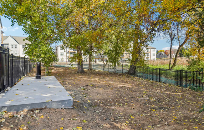 a park with trees and a concrete slab in front of a fence