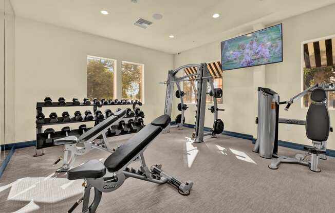 a gym with weights and cardio equipment at the enclave at