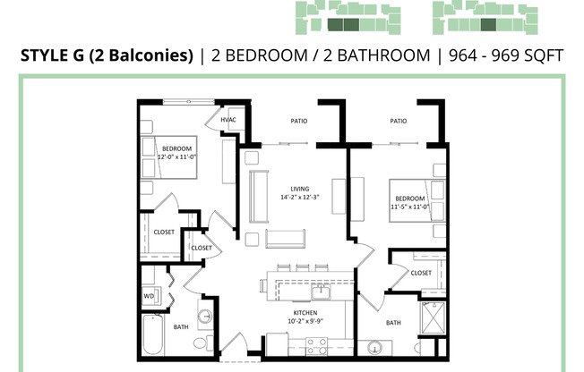 2 beds, 2 baths, 969 sqft, $1,360, Unit 414