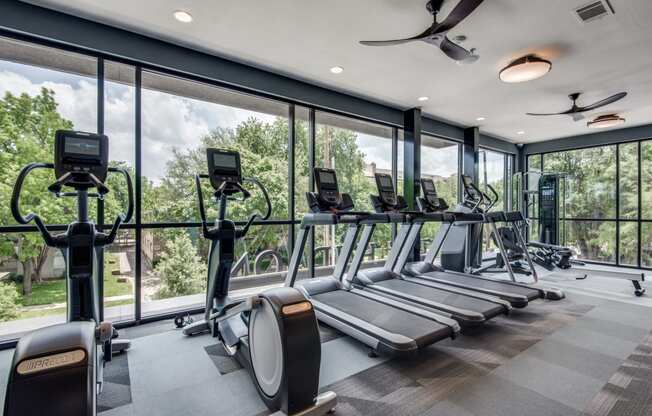 a row of treadmills and elliptical trainers in a fitness room with floor to ceiling