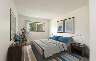 Bismarck, ND Bradbury Apartments. a bedroom with blue accents. The large window brightens the interior with natural light. The bed, dresser, and wall art make for a comforting appearance.