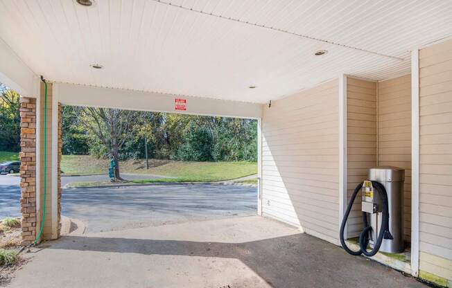 A charging station is installed in a garage.