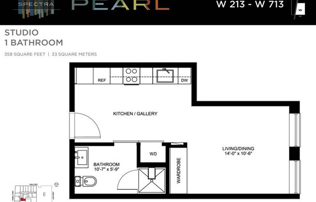 Studio, 1 bath, 358 sqft, $1,328, Unit W213