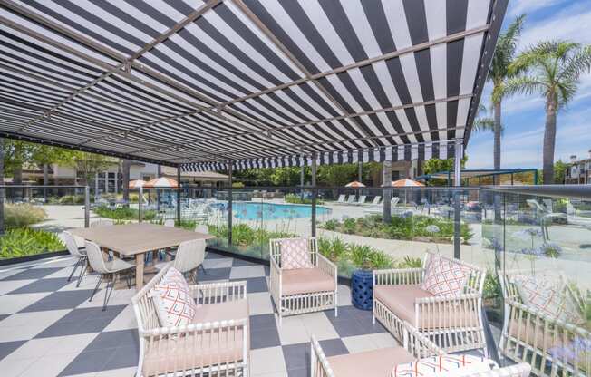 a patio with tables and chairs and a swimming pool