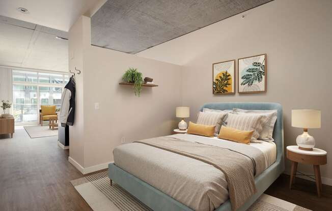 a bedroom with a bed and a closet