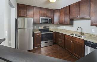 Renovated Kitchen with Stainless Steel Appliances, Granite Countertops and Dark Wood Cabinetry