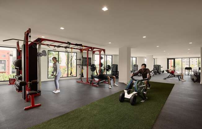 A gym with people working out and a green lawn.