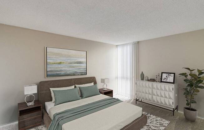 A bedroom with a large bed and a painting on the wall.