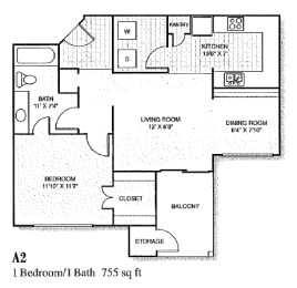1 bed, 1 bath, 755 sqft, $1,264