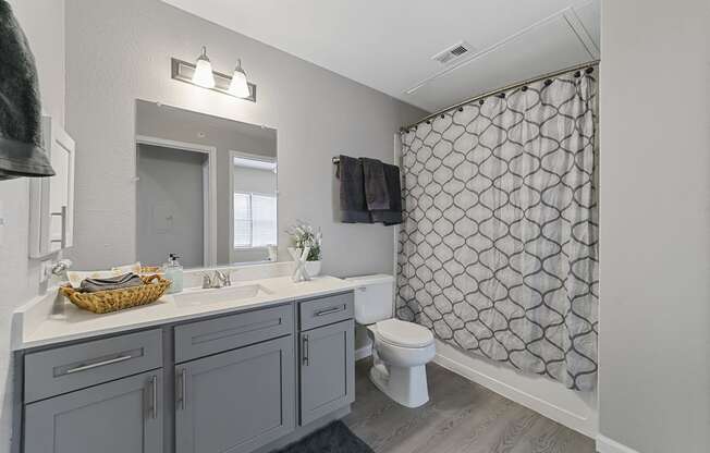 a bathroom with gray cabinets and a gray shower curtain