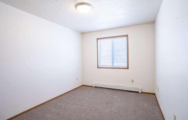 A room with a window and a carpeted floor. Fargo, ND Country Edge Apartments