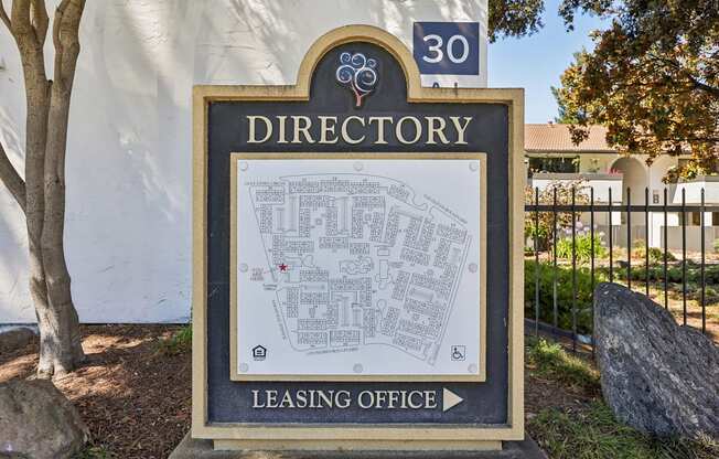 A directory sign with a leasing office label is displayed.
