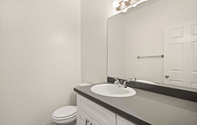 a bathroom with a sink and a toilet and a mirror